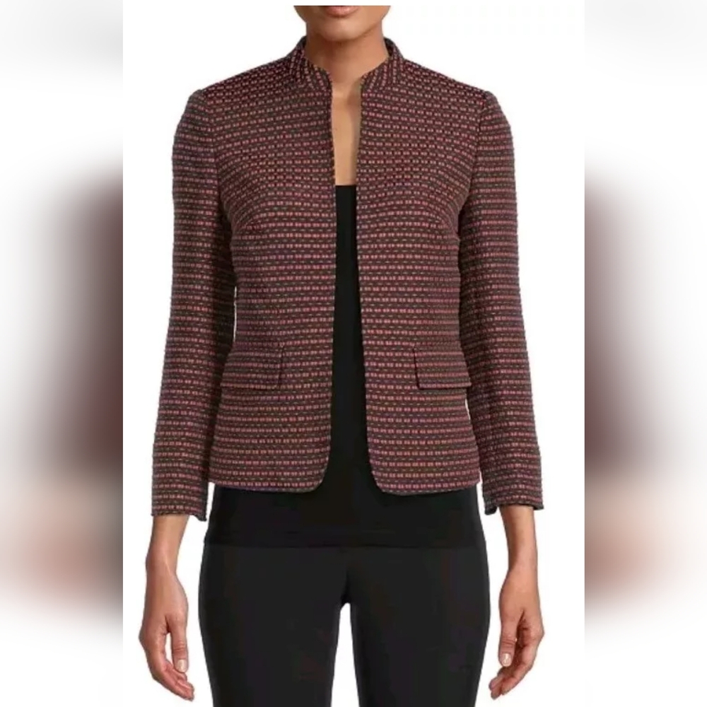 Anne Klein Women's Blazer  Black Red Open-Front Mandarin Collar Sz 12 Pre-owned